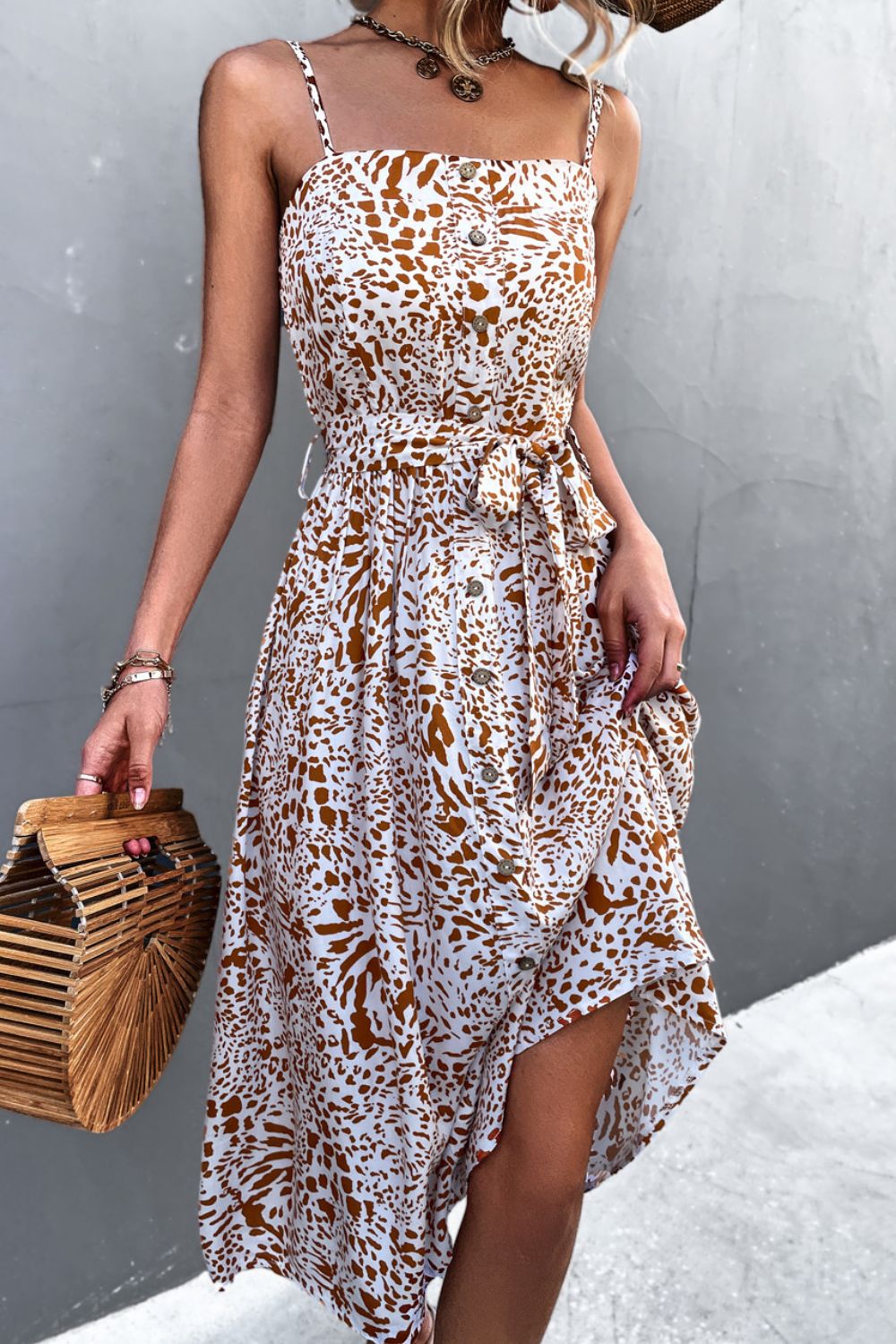 Printed Spaghetti Strap Decorative Button Belted Dress.
