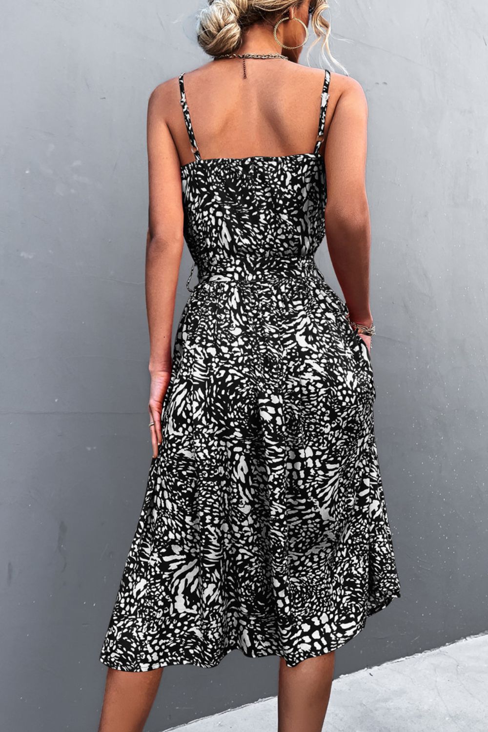 Printed Spaghetti Strap Decorative Button Belted Dress.