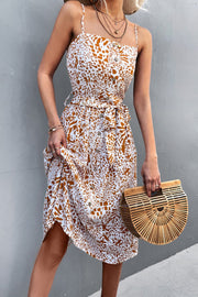 Printed Spaghetti Strap Decorative Button Belted Dress.