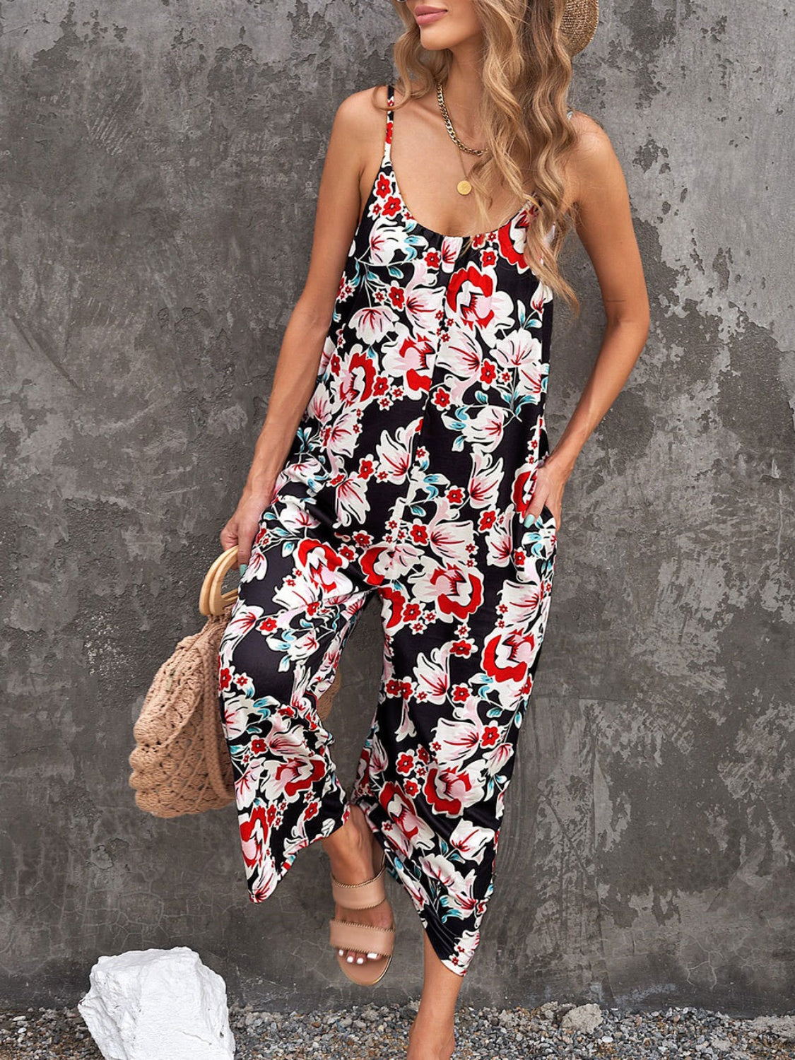 Printed Spaghetti Strap Jumpsuit with Pockets.