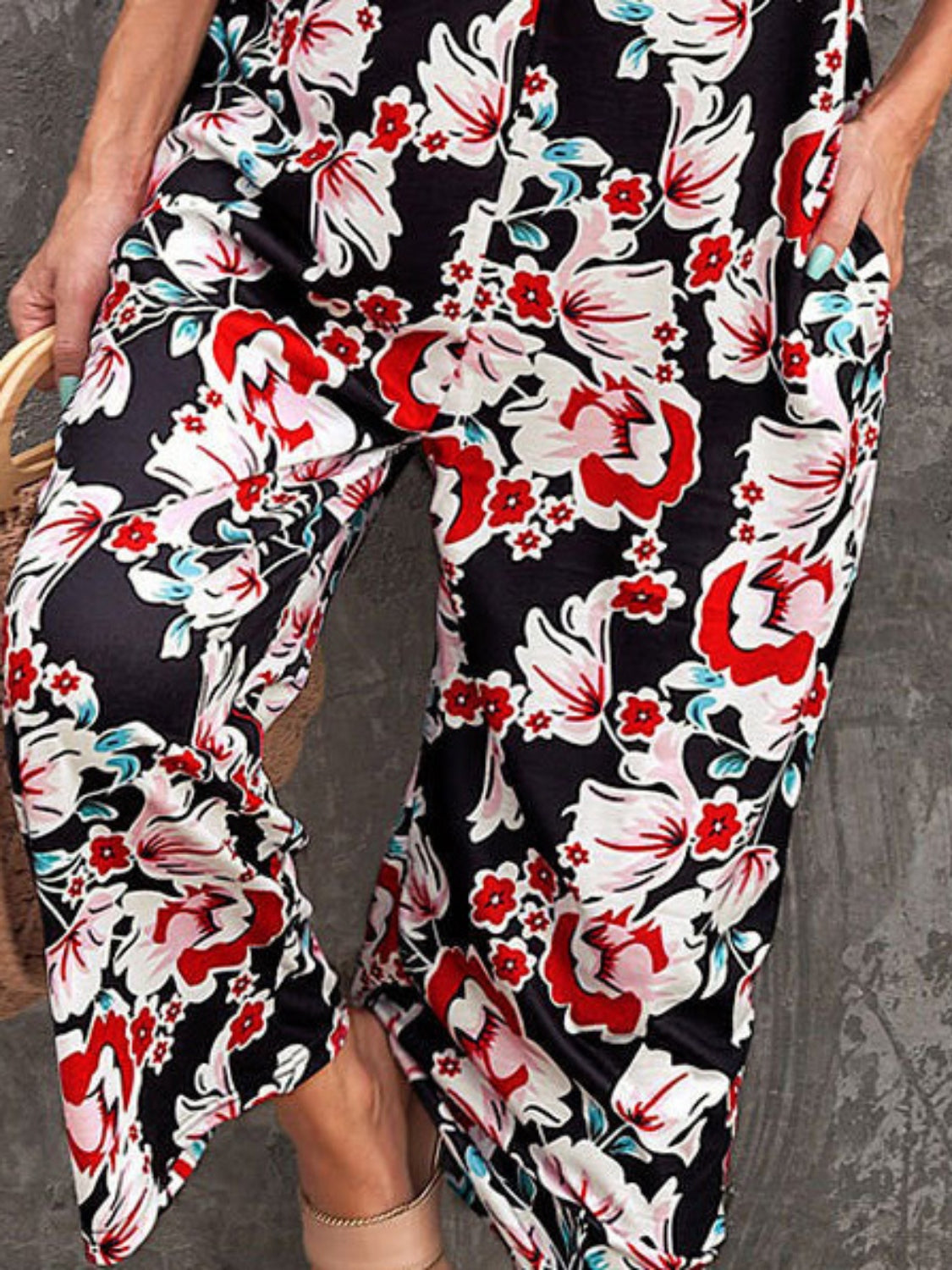 Printed Spaghetti Strap Jumpsuit with Pockets.
