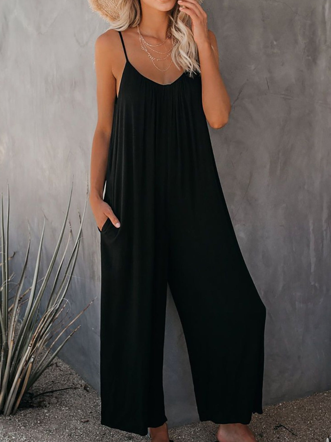 Printed Spaghetti Strap Jumpsuit with Pockets.