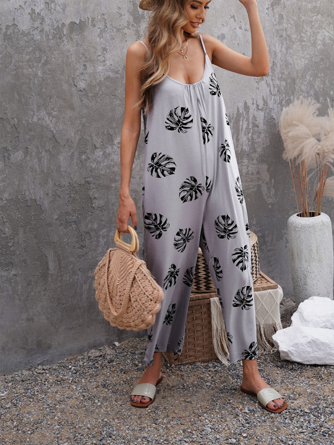 Printed Spaghetti Strap Jumpsuit with Pockets.