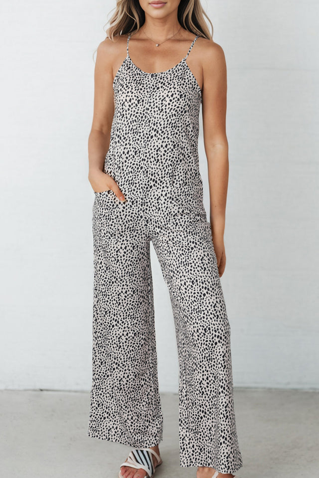 Printed Spaghetti Strap Jumpsuit with Pockets.
