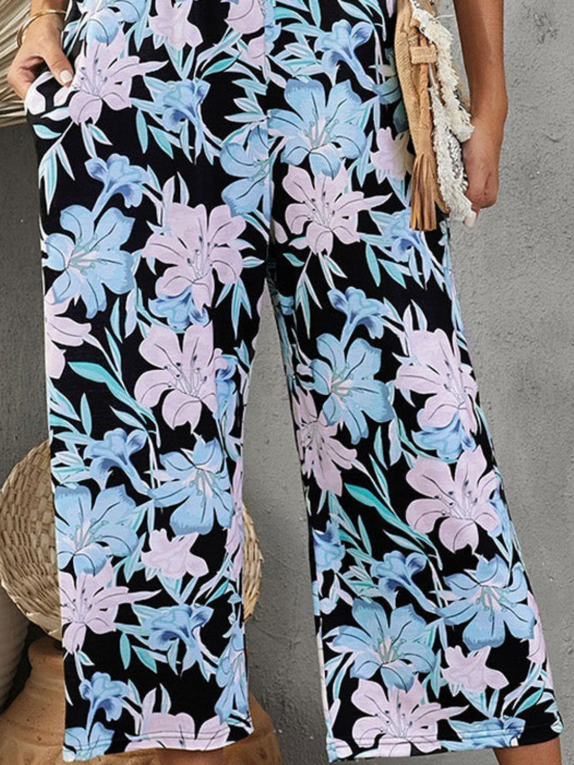 Printed Spaghetti Strap Jumpsuit with Pockets.