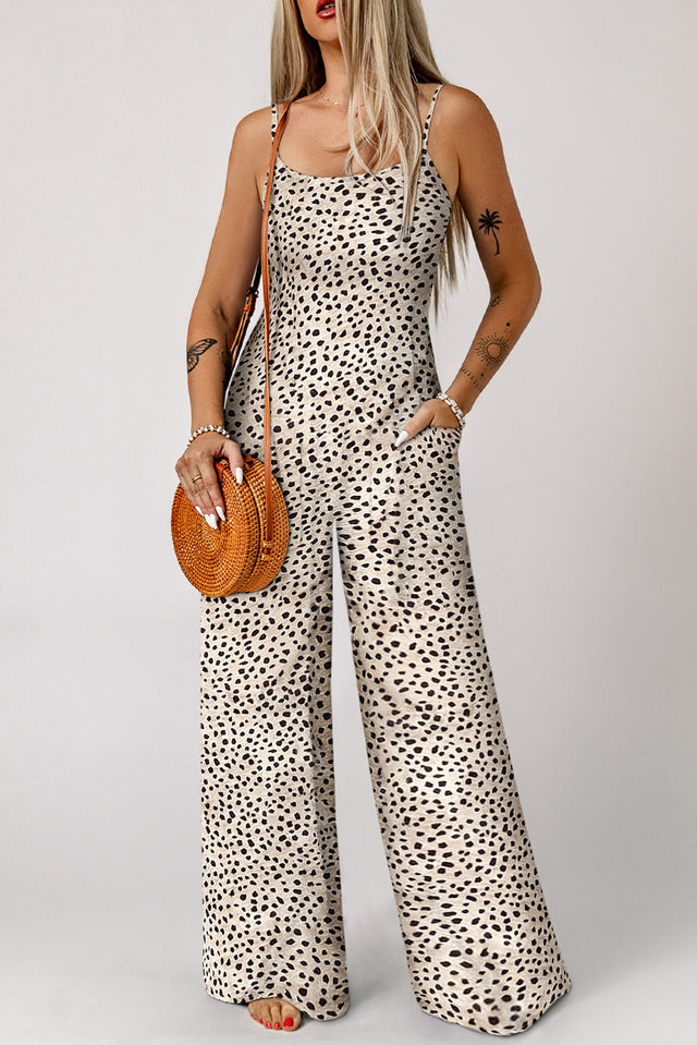 Printed Spaghetti Strap Jumpsuit with Pockets.