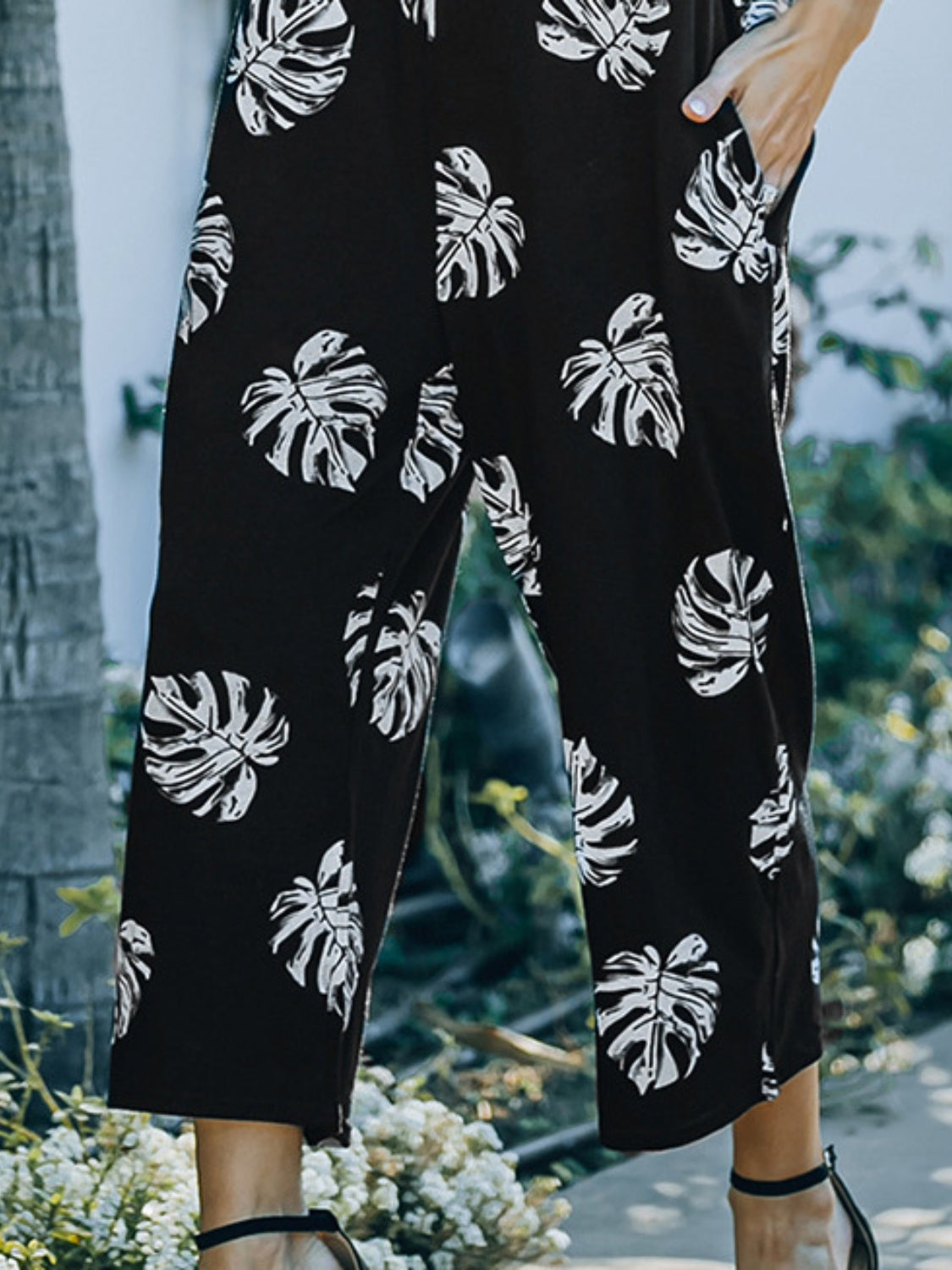Printed Spaghetti Strap Jumpsuit with Pockets.