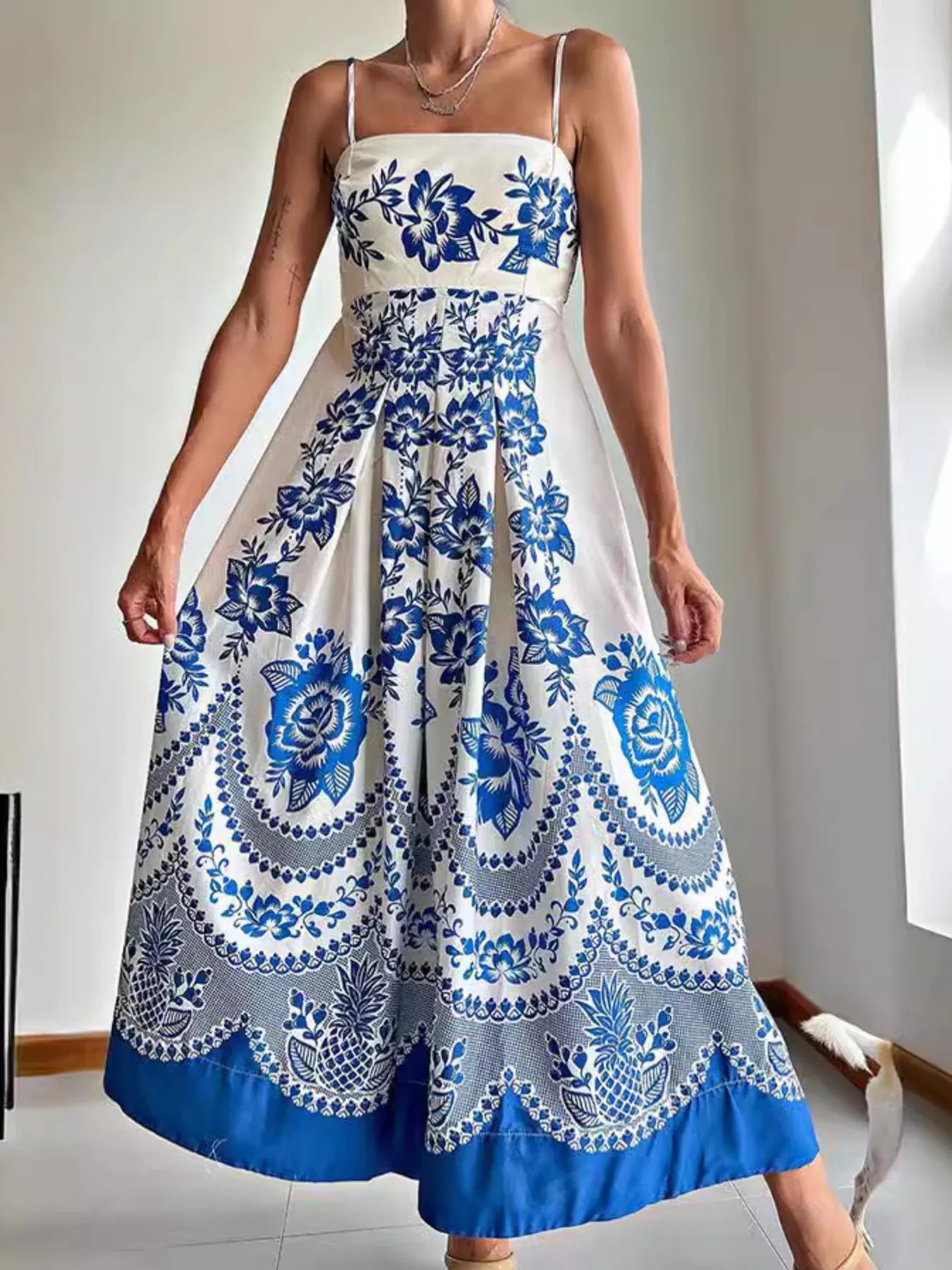 Printed Spaghetti Strap Maxi Dress.