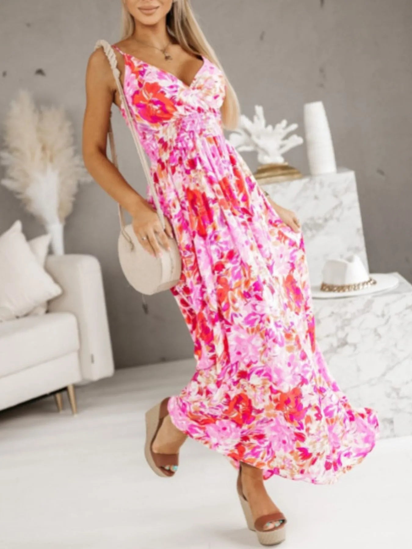 Printed Spaghetti Strap Maxi Dress.