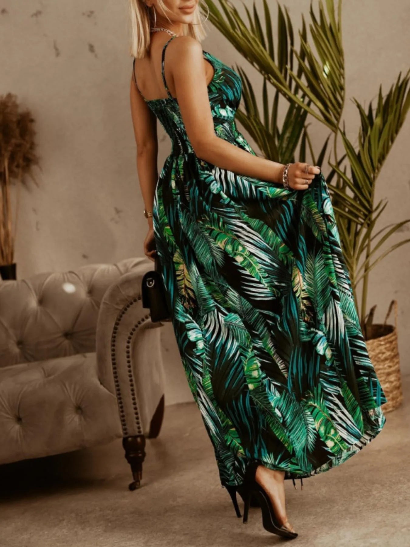 Printed Spaghetti Strap Maxi Dress.