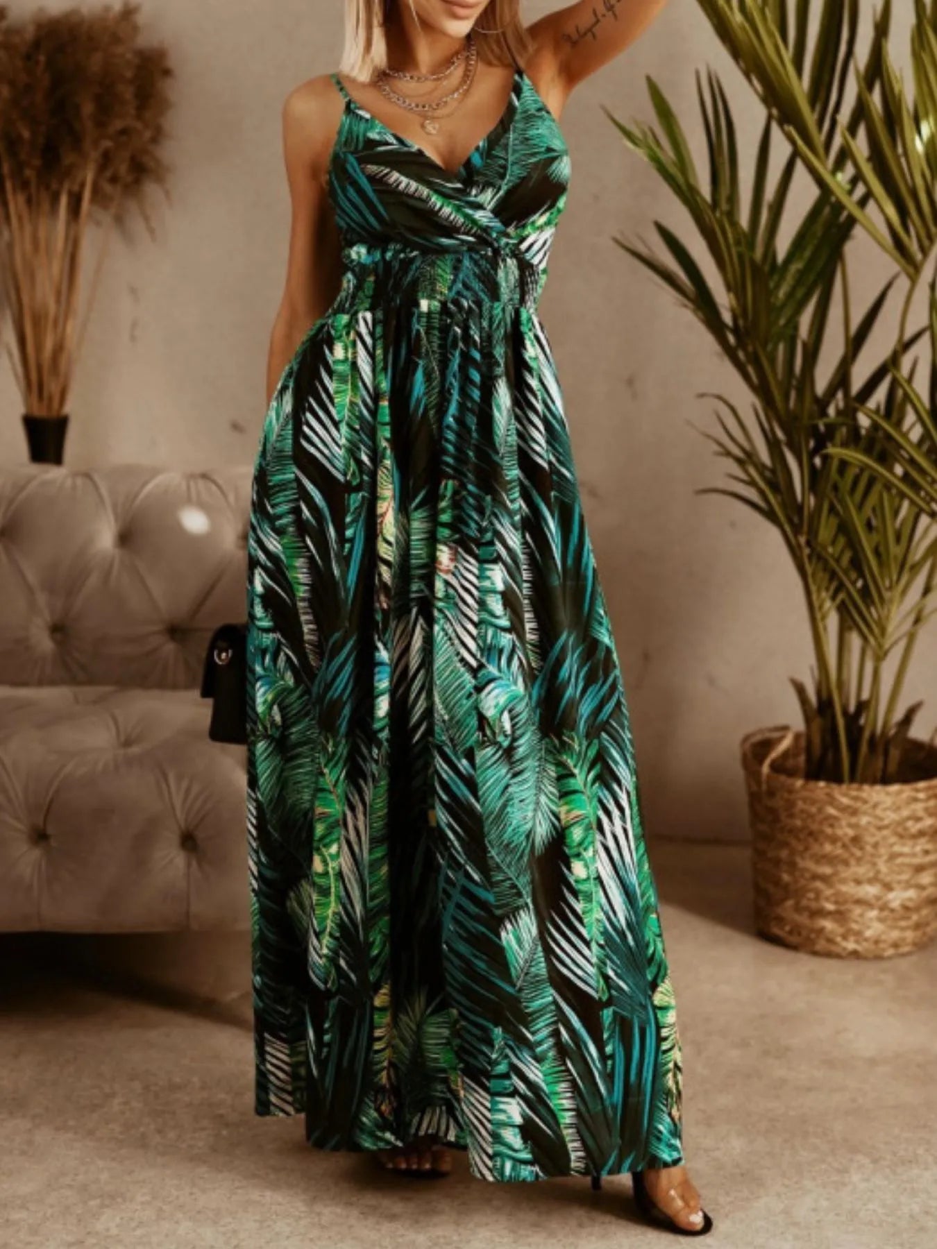 Printed Spaghetti Strap Maxi Dress.