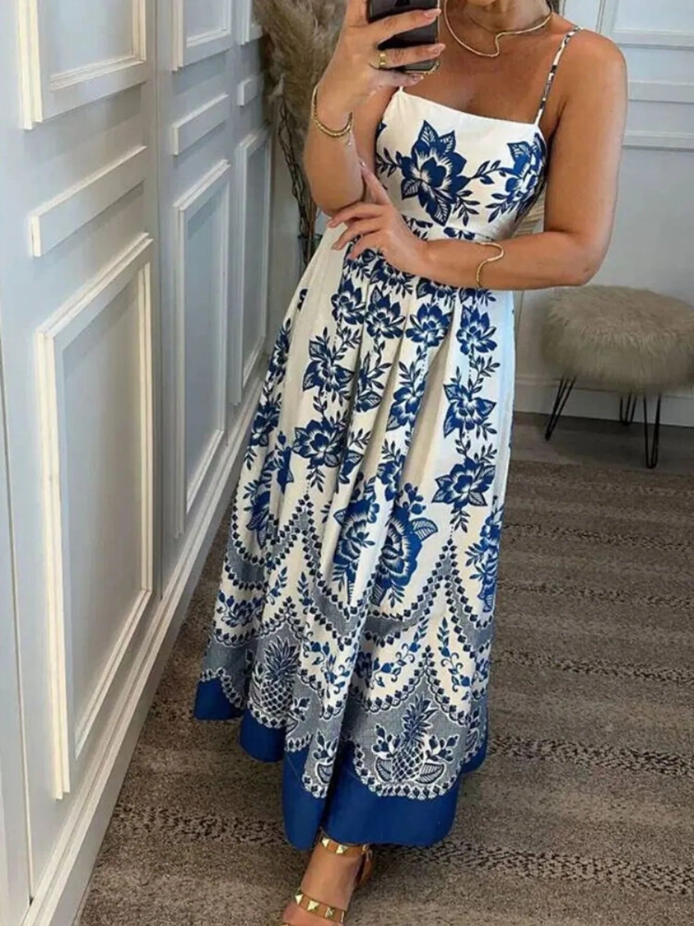 Printed Spaghetti Strap Maxi Dress.