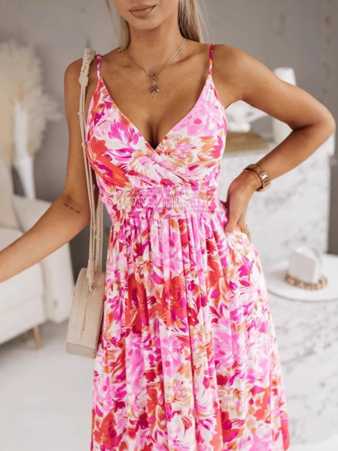 Printed Spaghetti Strap Maxi Dress.