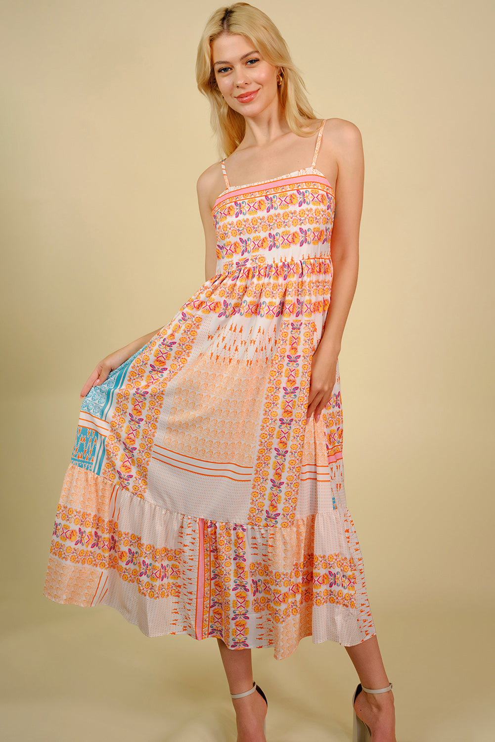 Printed Spaghetti Strap Smocked Midi Dress.