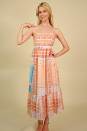 Printed Spaghetti Strap Smocked Midi Dress.