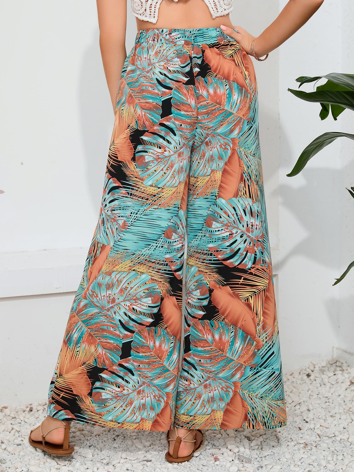 Printed split wide leg long pants, vacation style.