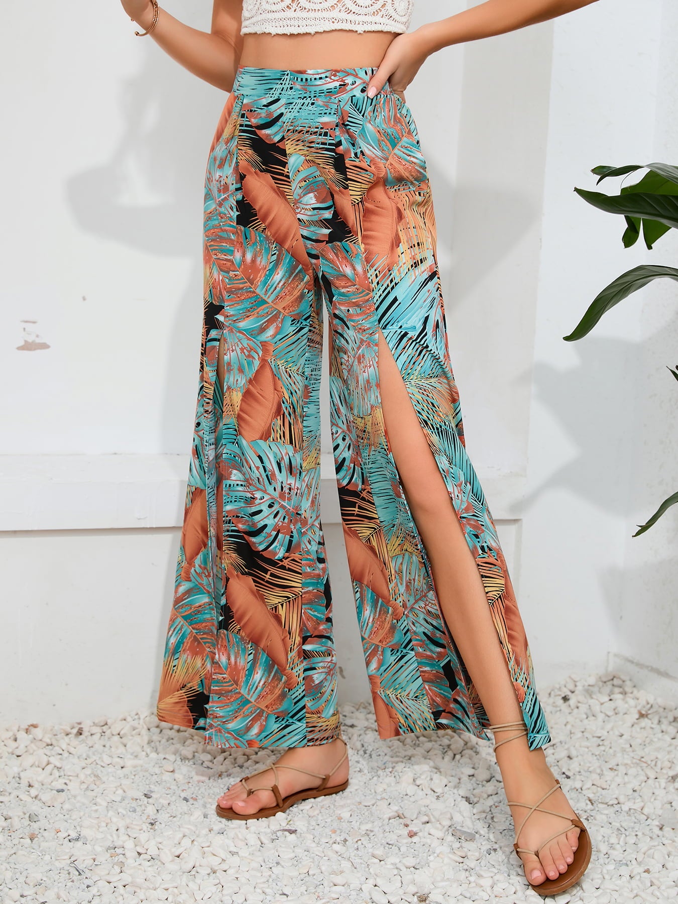 Printed split wide leg long pants, vacation style.