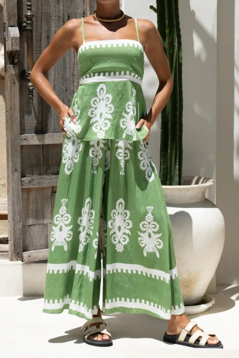 Printed Square Neck Cami and Wide Leg Pants Set.