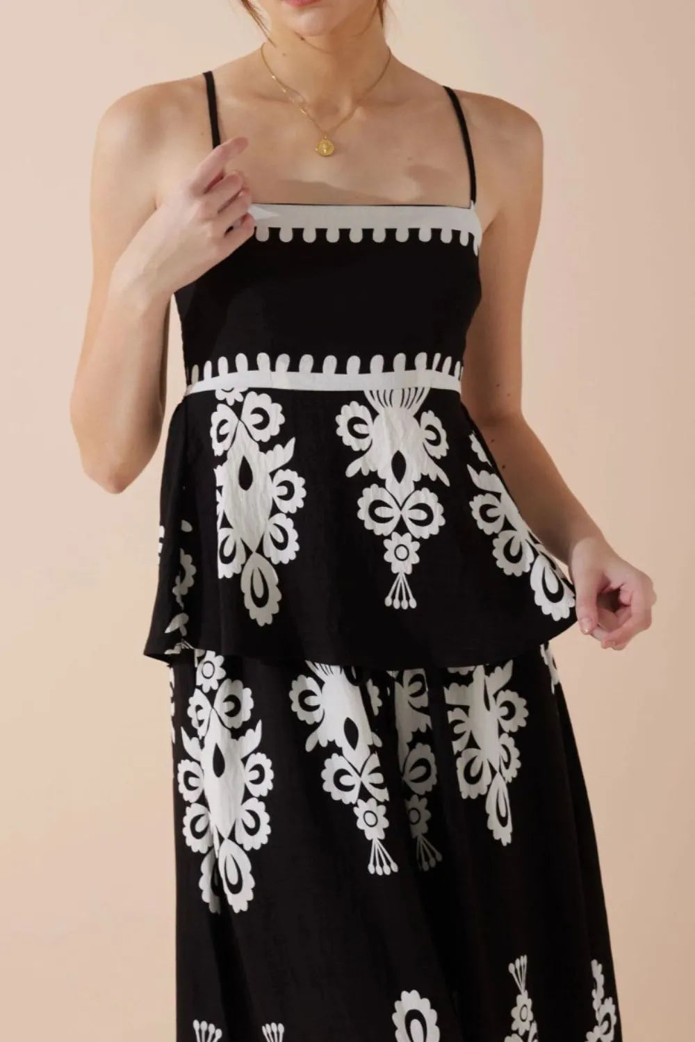 Printed Square Neck Cami and Wide Leg Pants Set.