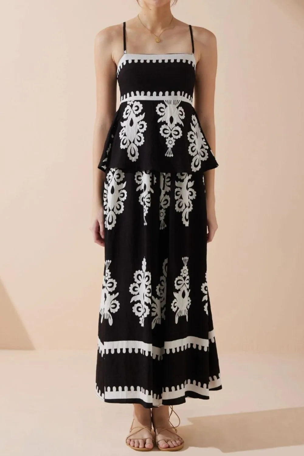 Printed Square Neck Cami and Wide Leg Pants Set.