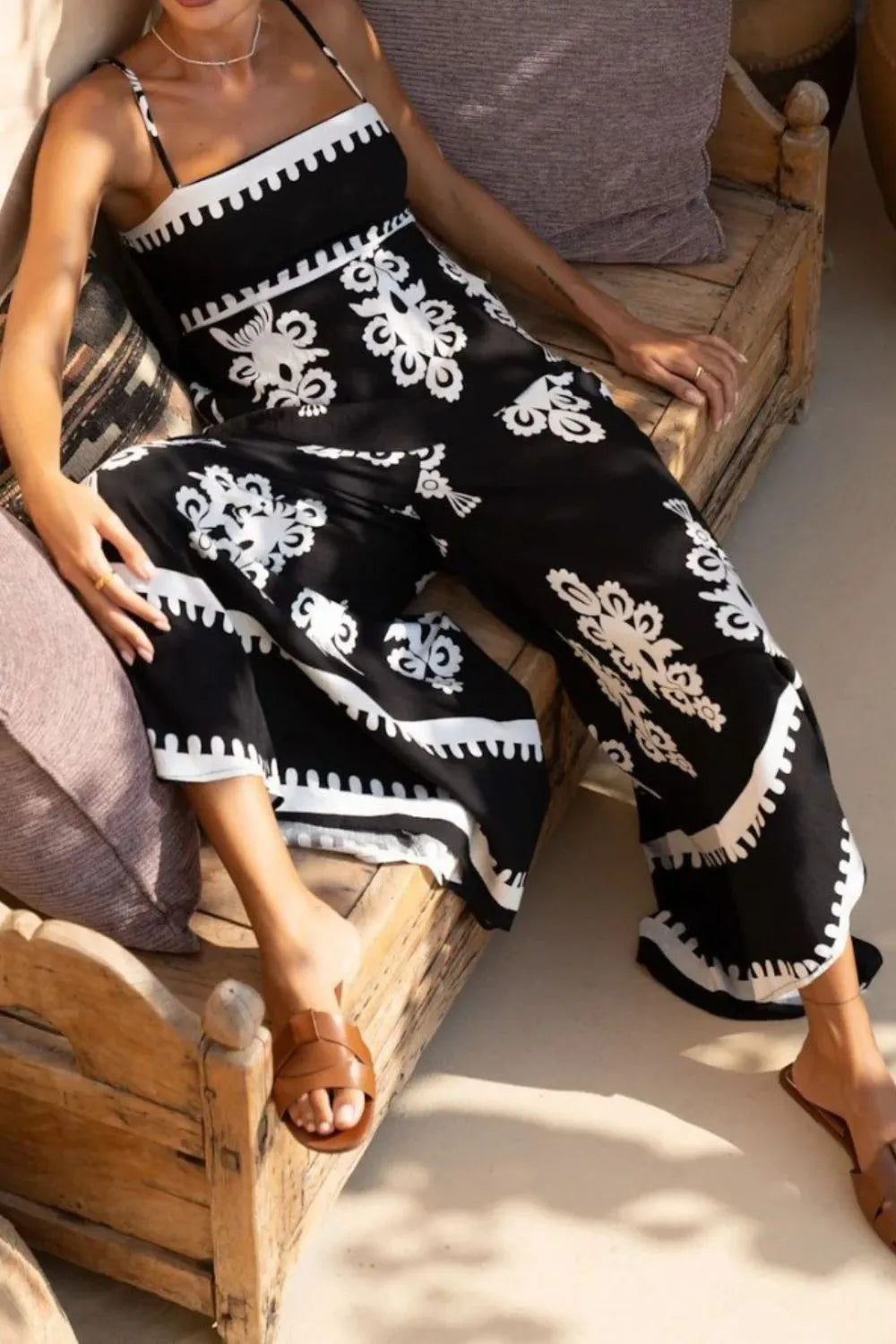 Printed Square Neck Cami and Wide Leg Pants Set.