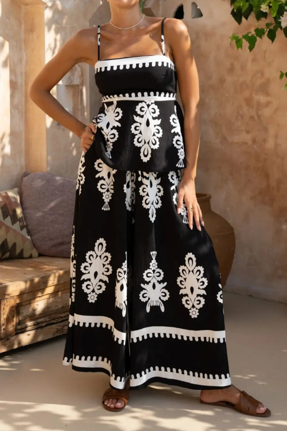 Printed Square Neck Cami and Wide Leg Pants Set.