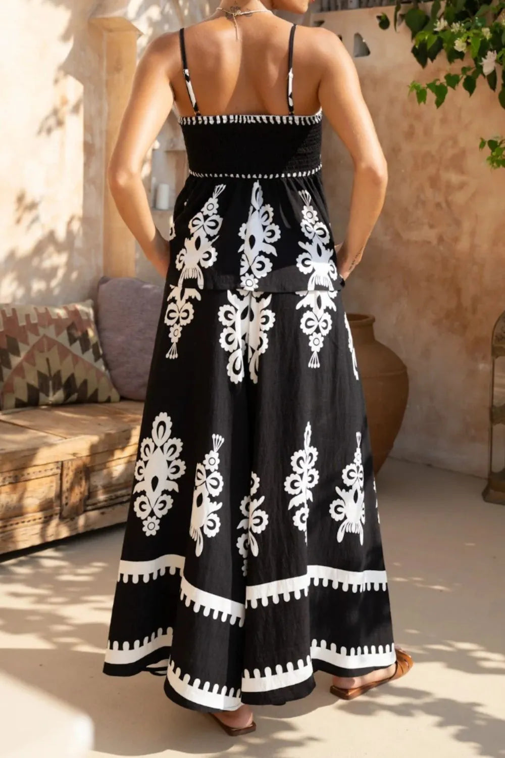 Printed Square Neck Cami and Wide Leg Pants Set.