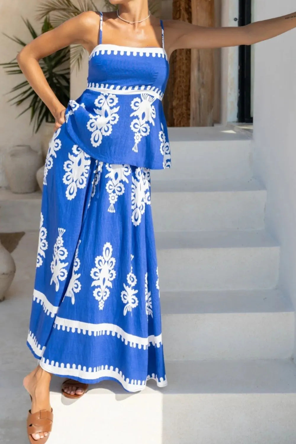 Printed Square Neck Cami and Wide Leg Pants Set.