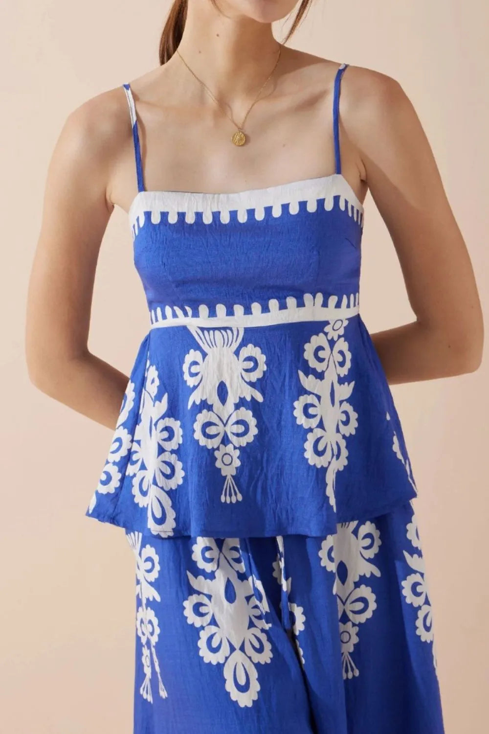 Printed Square Neck Cami and Wide Leg Pants Set.