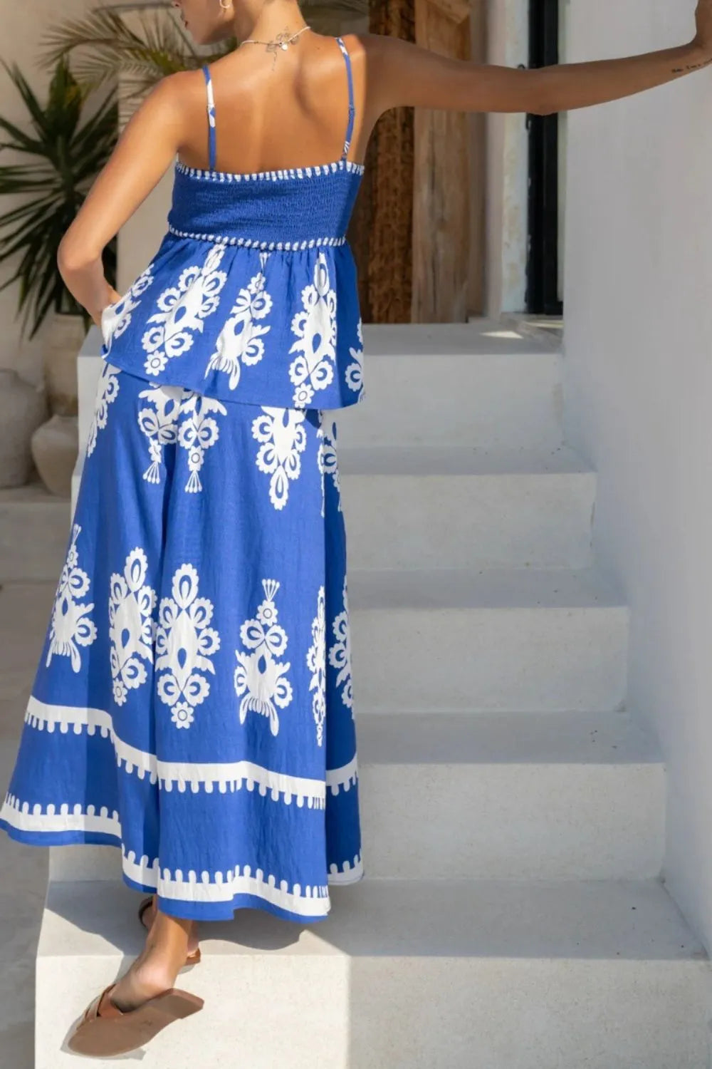 Printed Square Neck Cami and Wide Leg Pants Set.