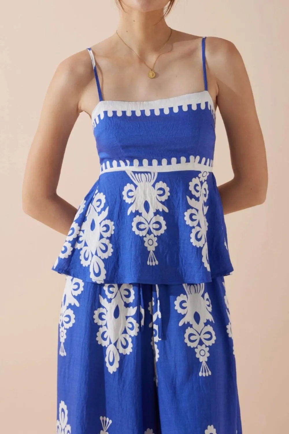 Printed Square Neck Cami and Wide Leg Pants Set.