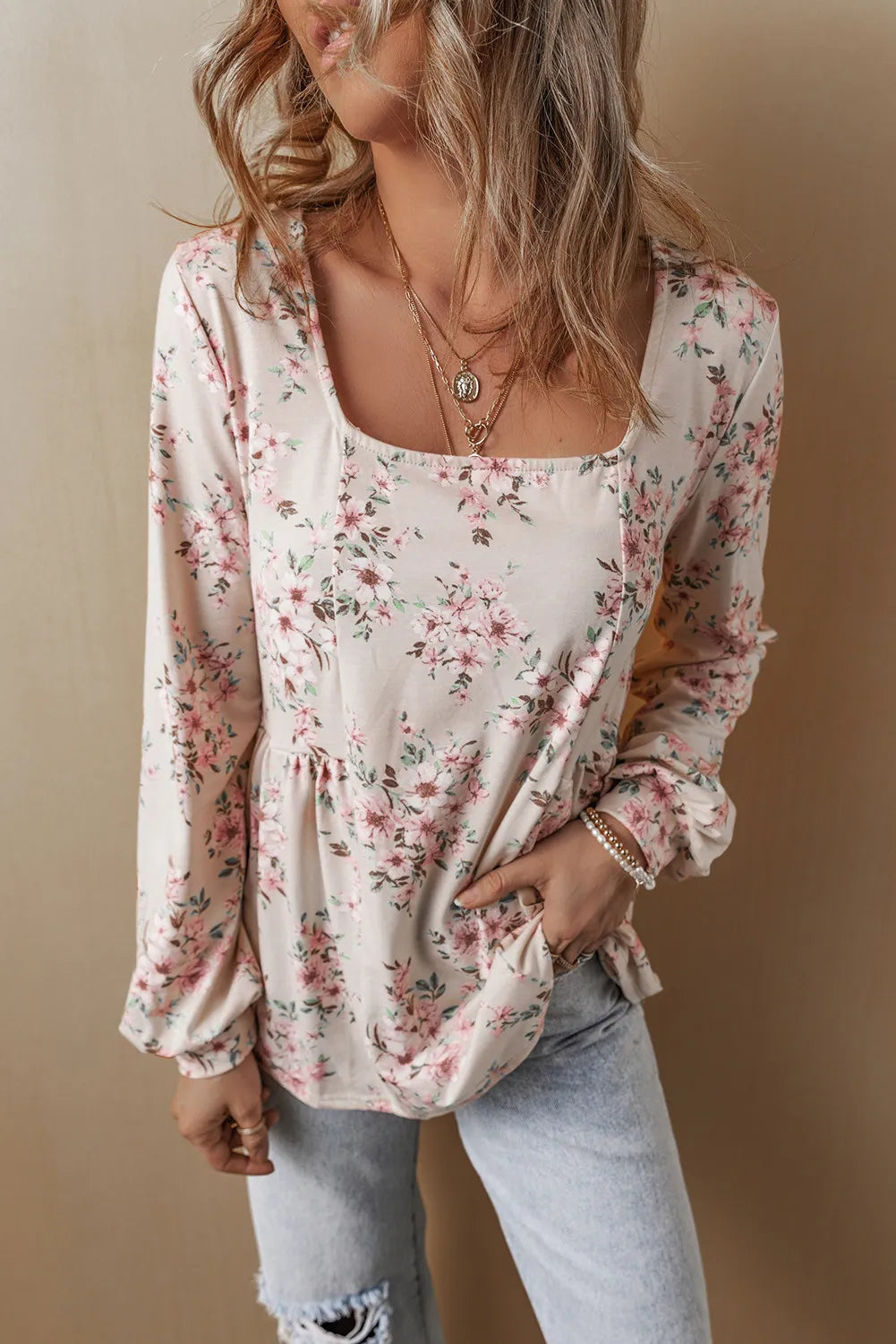 Printed Square Neck Long Sleeve Blouse.