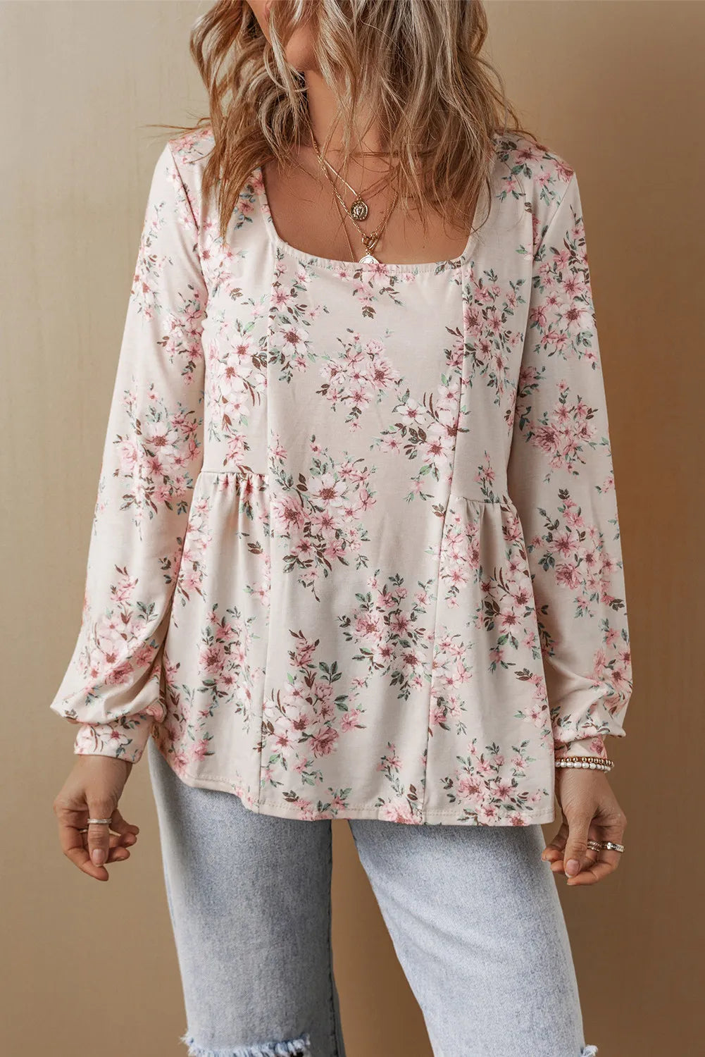 Printed Square Neck Long Sleeve Blouse.