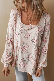 Printed Square Neck Long Sleeve Blouse.
