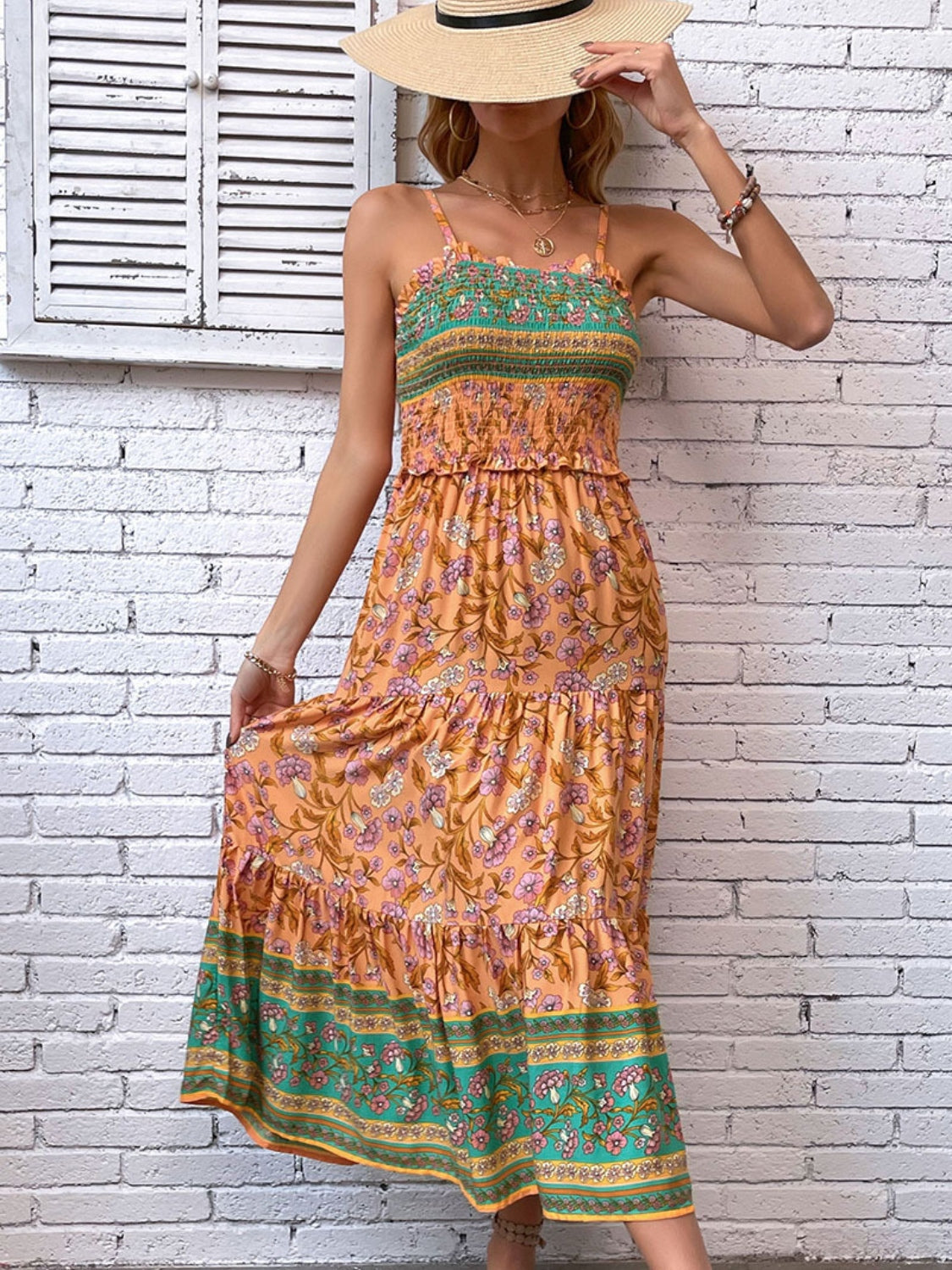 Printed Square Neck Midi Cami Dress.