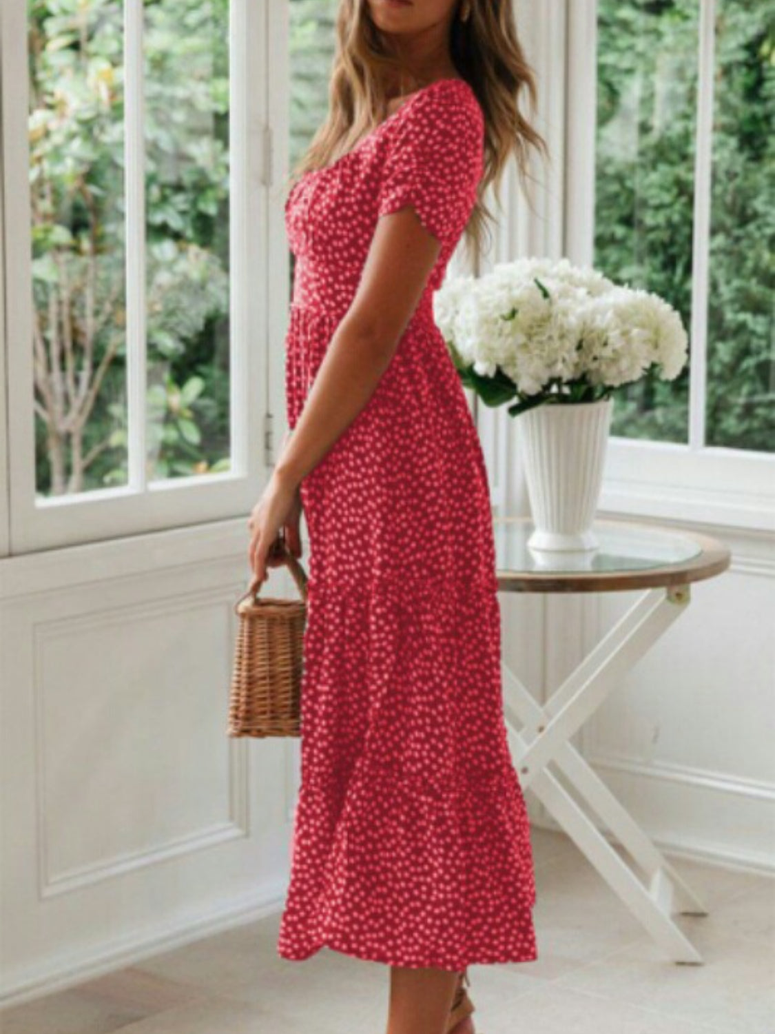Printed Square Neck Short Sleeve Midi Dress.