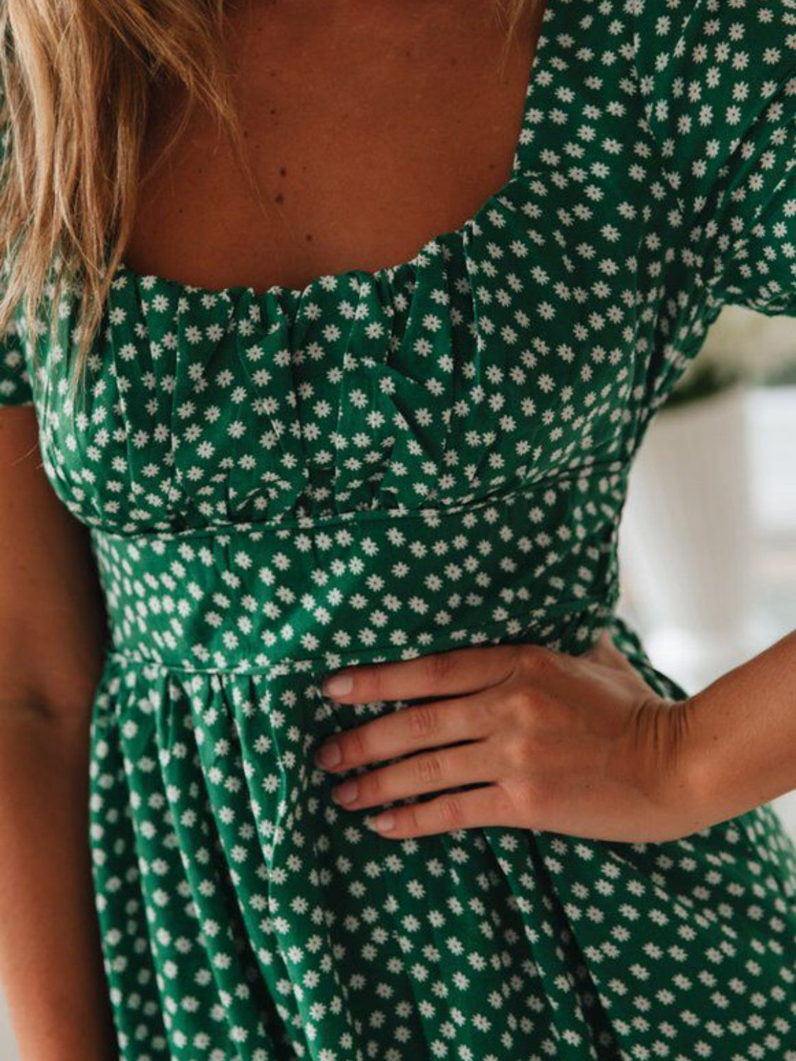 Printed Square Neck Short Sleeve Midi Dress.