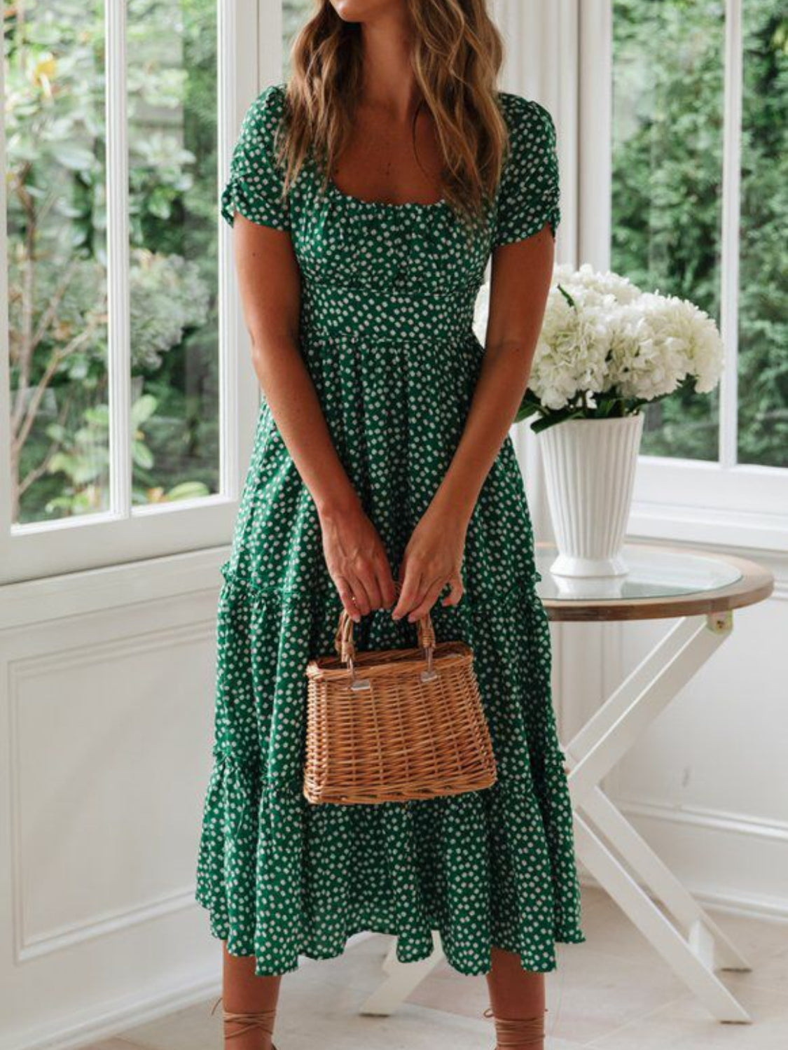 Printed Square Neck Short Sleeve Midi Dress.