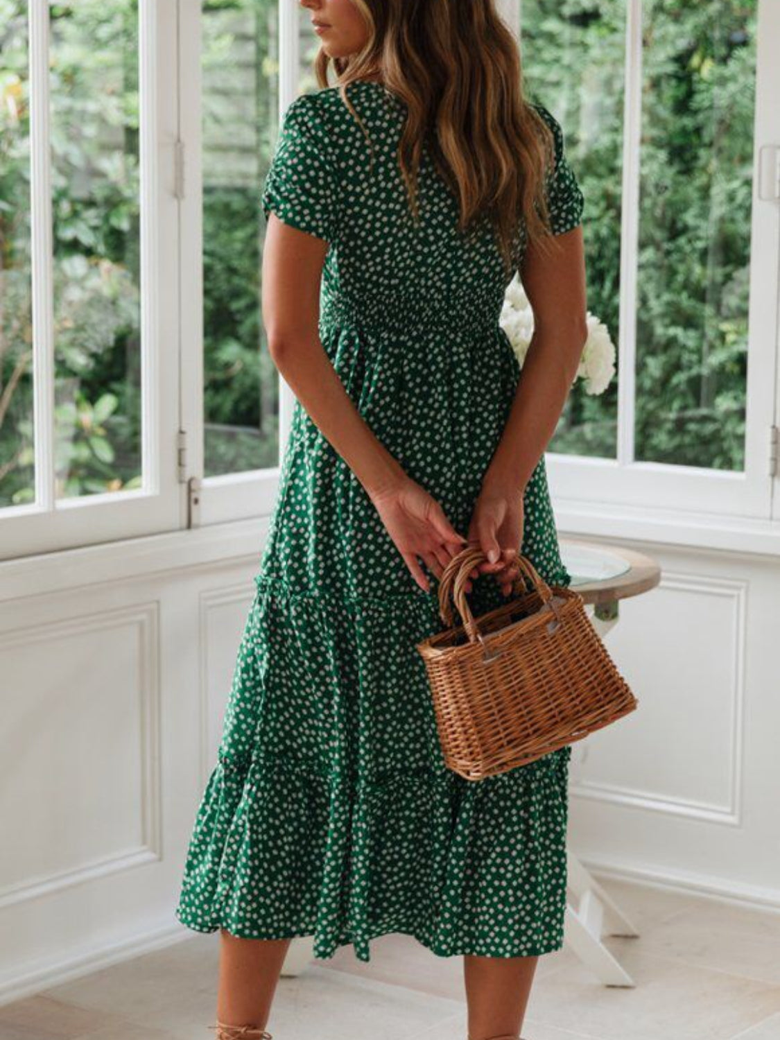 Printed Square Neck Short Sleeve Midi Dress.