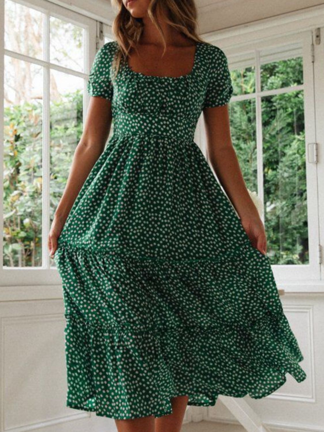 Printed Square Neck Short Sleeve Midi Dress.