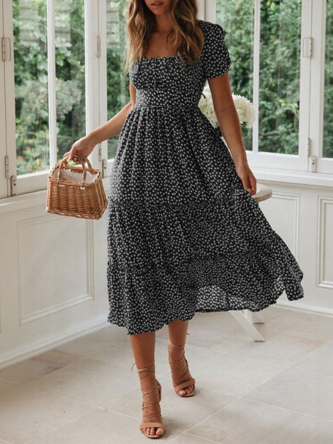 Printed Square Neck Short Sleeve Midi Dress.