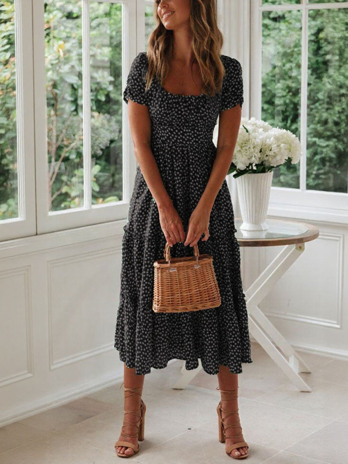 Printed Square Neck Short Sleeve Midi Dress.