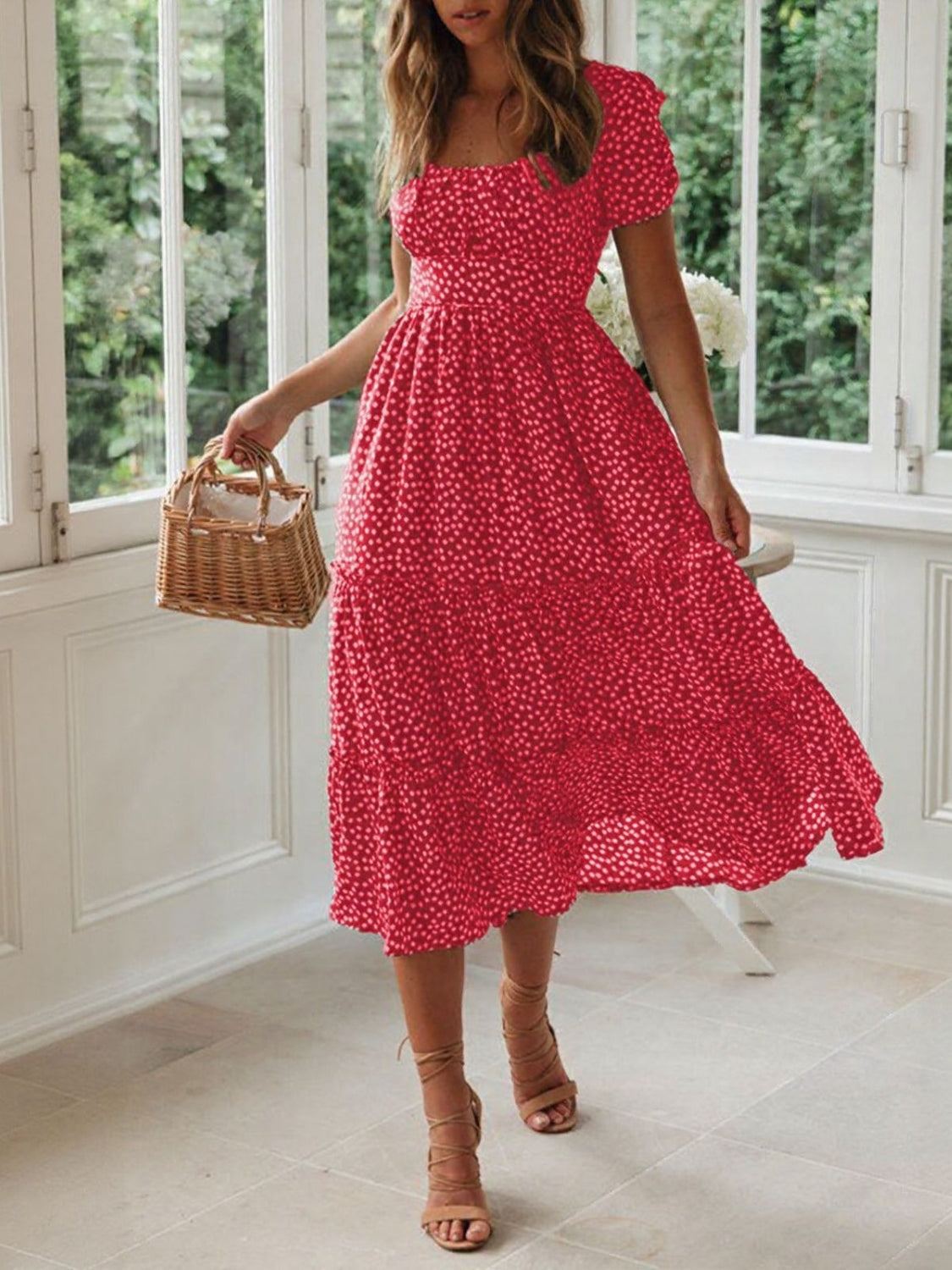 Printed Square Neck Short Sleeve Midi Dress.