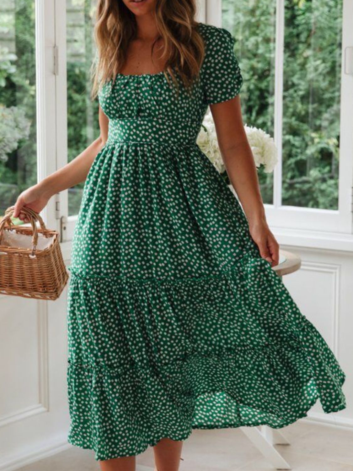 Printed Square Neck Short Sleeve Midi Dress.