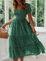 Printed Square Neck Short Sleeve Midi Dress.