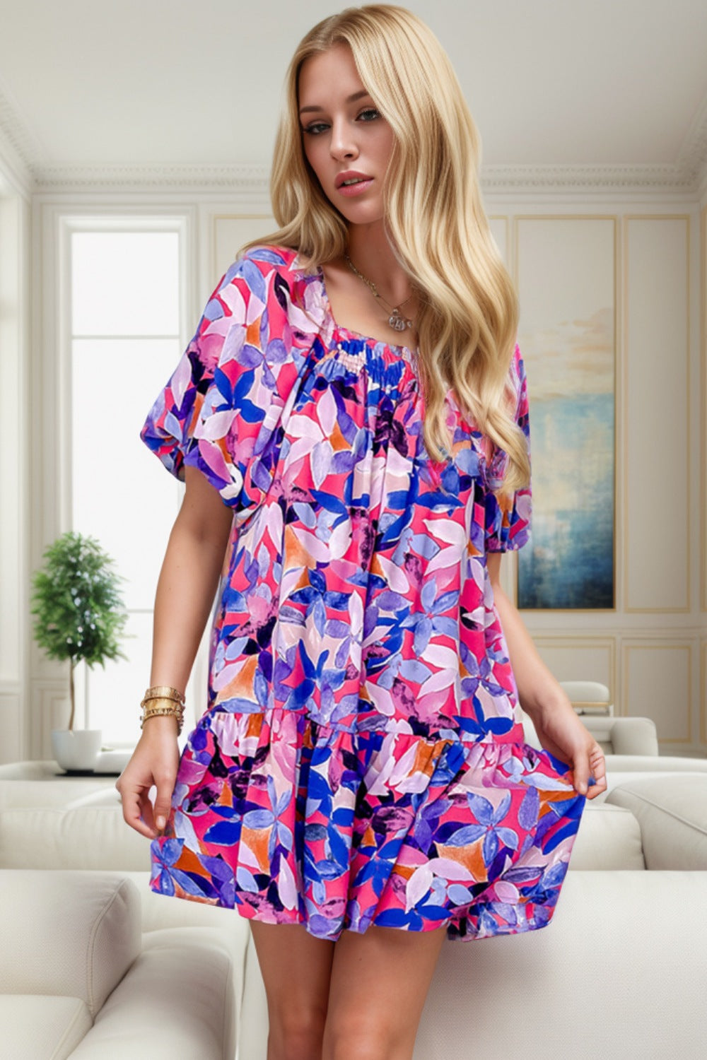 Printed Square Neck Short Sleeve Mini Dress.