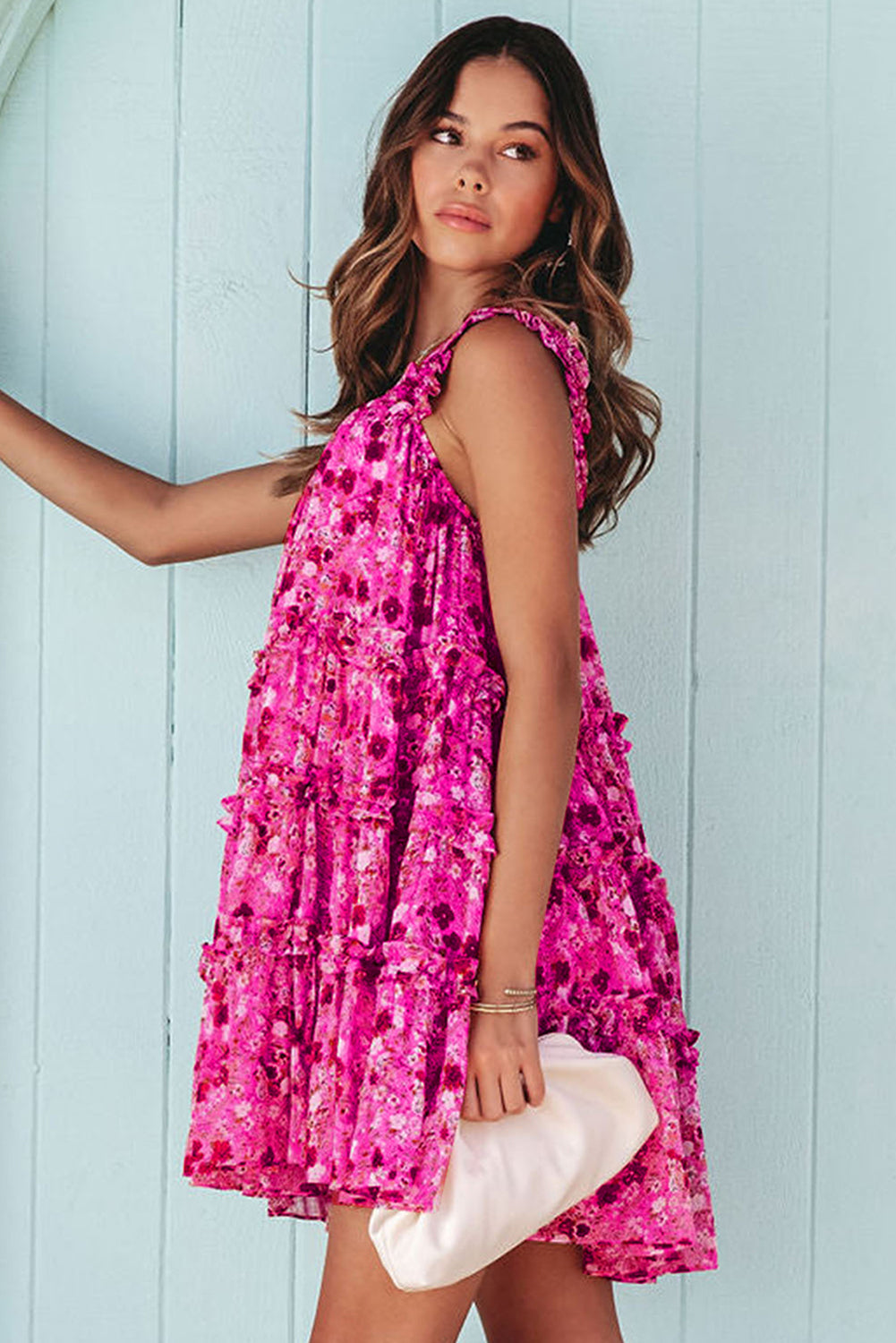 Printed Square Neck Sleeveless Mini Dress.