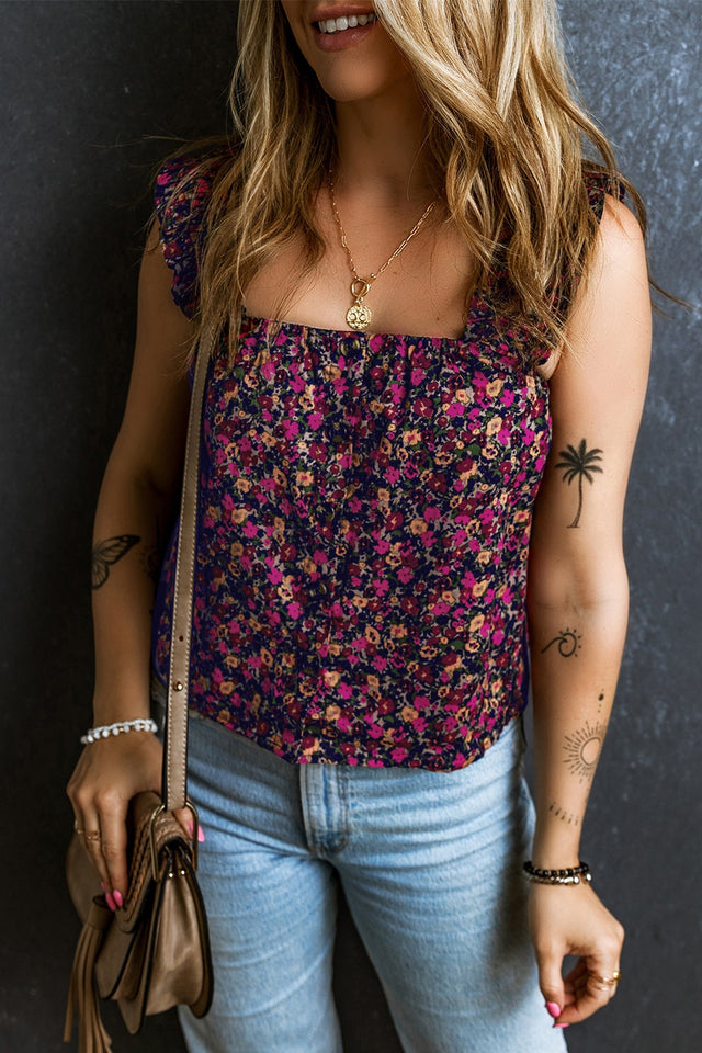 Printed square neck tank top.