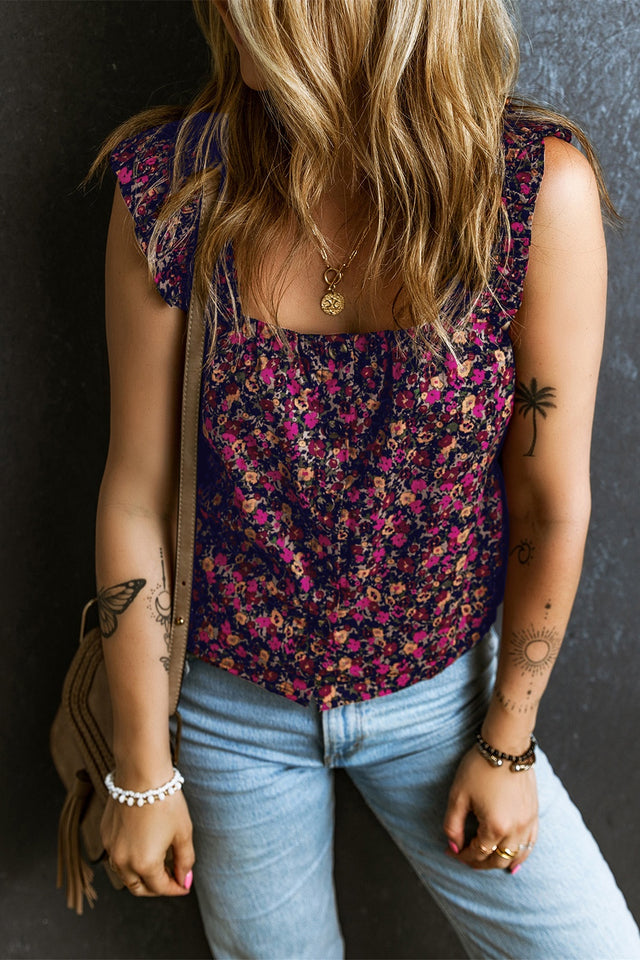 Printed square neck tank top.