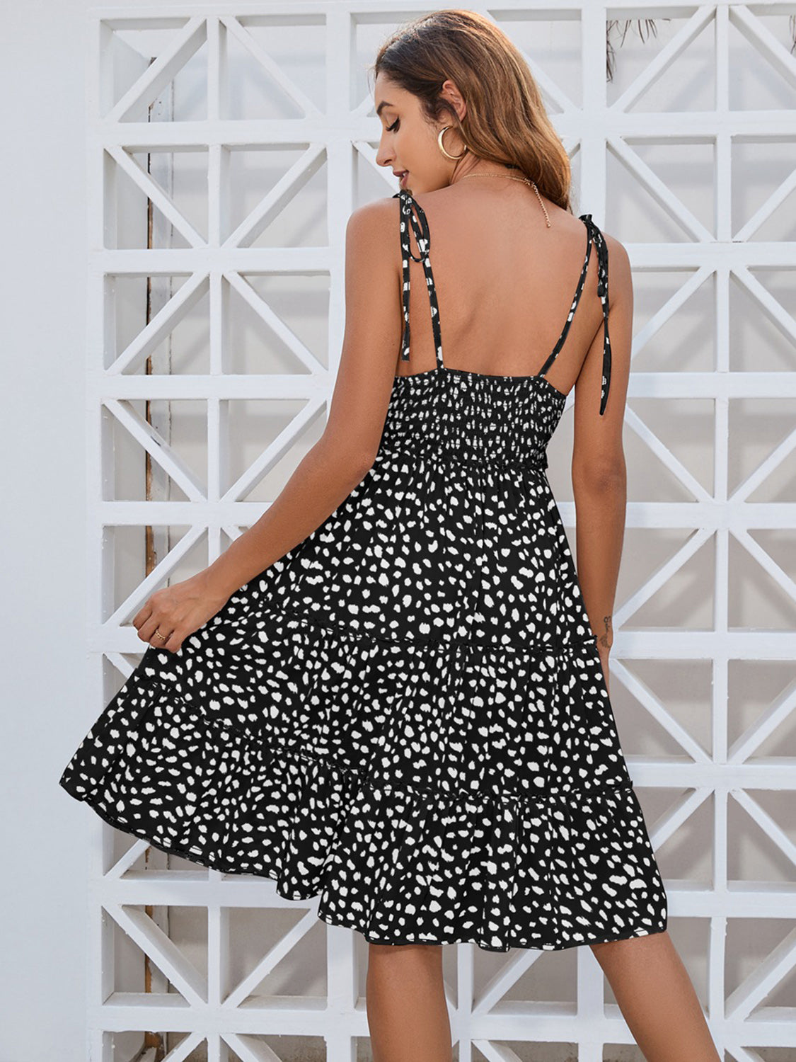 Printed Square Neck Tie Shoulder Dress.